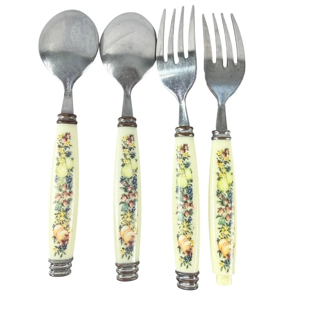 Vintage Flatware Fruit Pattern‎ Set of 4 Forks Spoons Cream Cutlery Cottagecore
